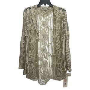 Soulmates Silk Cardigan Jacket Size 1X Gold Hand Crocheted Floral Lace Evening